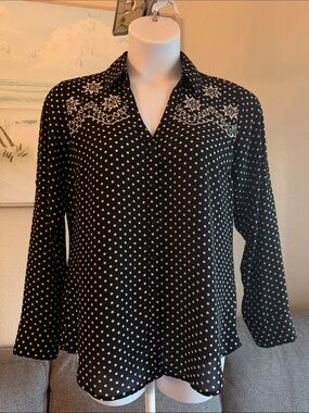 Express Black Polka Dot Button-Down Shirt with Embroidered Yoke
